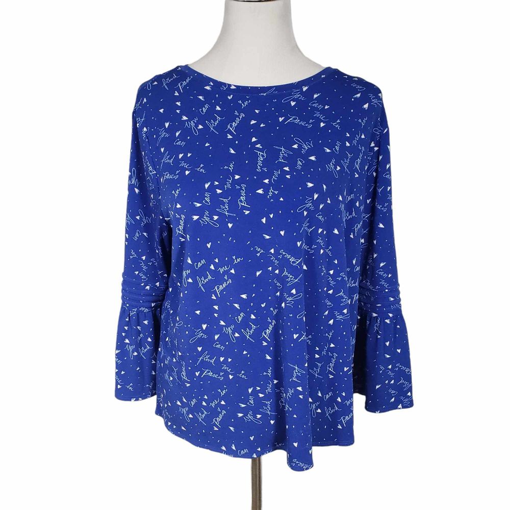 Elle Plus Size XL Blue White Paris Bell Sleeve Pullover Stretch Top